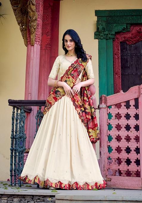 Off White Embroidered Cotton Lehenga Set With Dupatta
