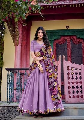 Lavender Embroidered Cotton Lehenga Set With Dupatta