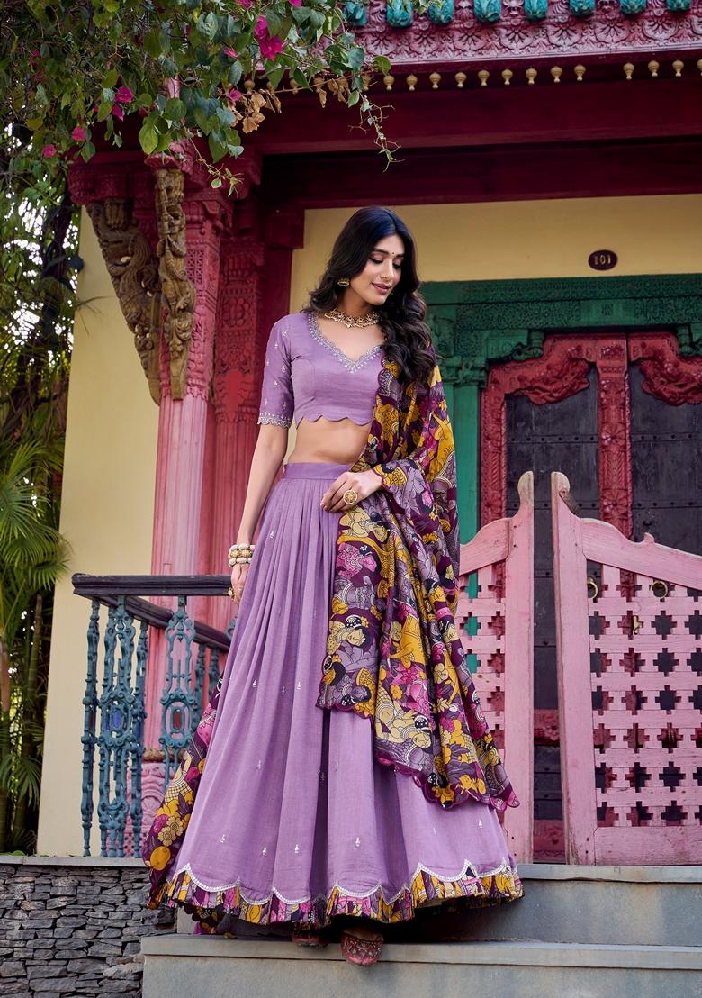 Lavender Embroidered Cotton Lehenga Set With Dupatta - Indya