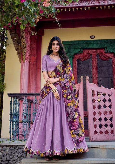 Lavender Embroidered Cotton Lehenga Set With Dupatta