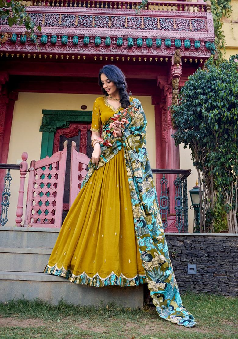 Mustard Yellow Embroidered Cotton Lehenga Set With Dupatta - Indya