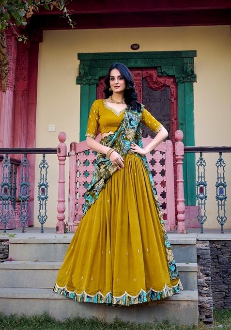 Mustard Yellow Embroidered Cotton Lehenga Set With Dupatta