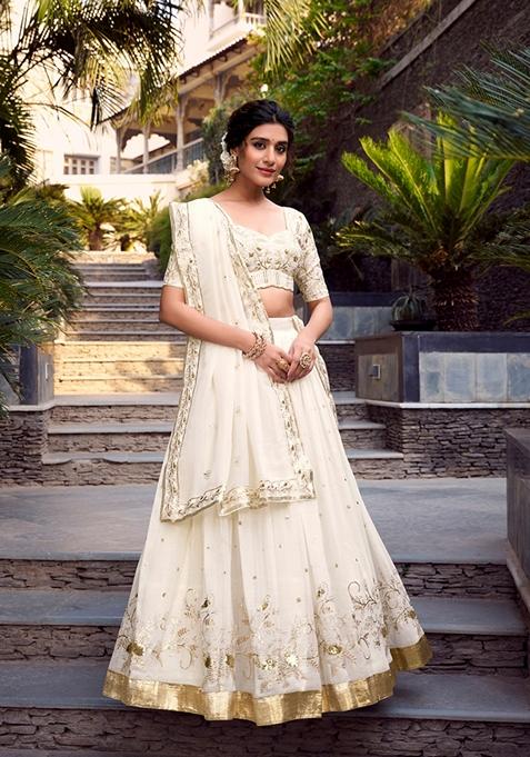 Off White Embroidered Cotton Lehenga Set With Dupatta