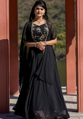 Black Embroidered Georgette Lehenga Set With Dupatta