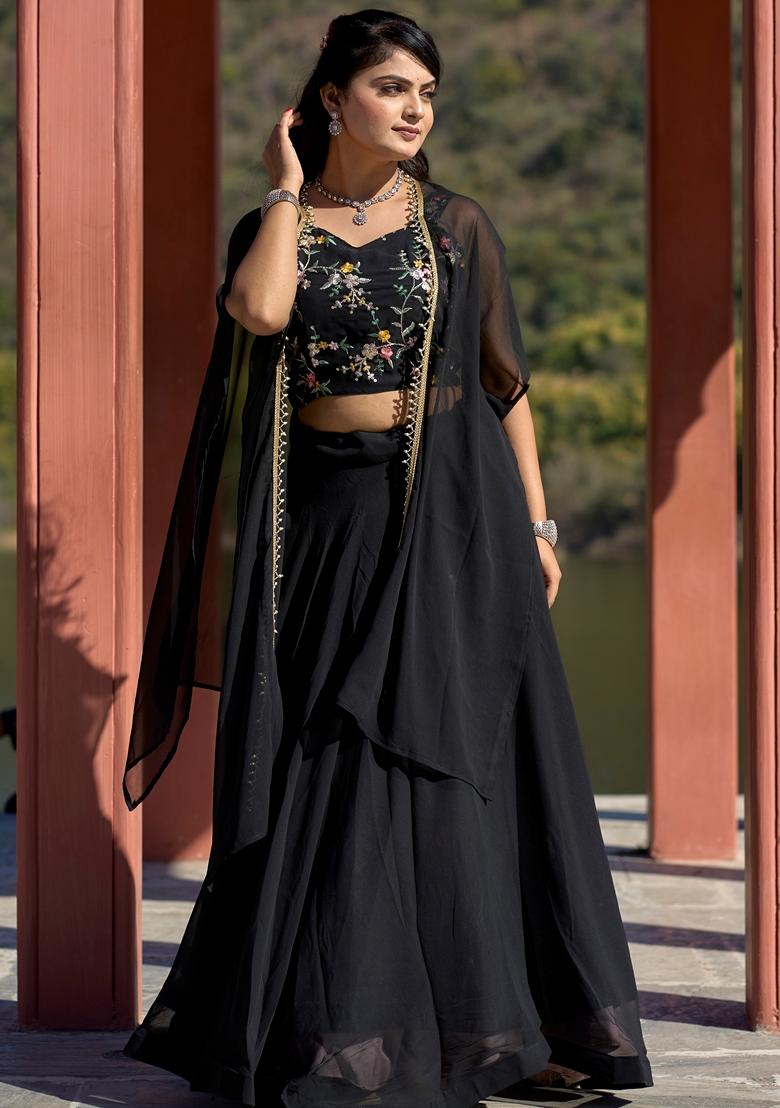 Black Embroidered Georgette Lehenga Set With Dupatta