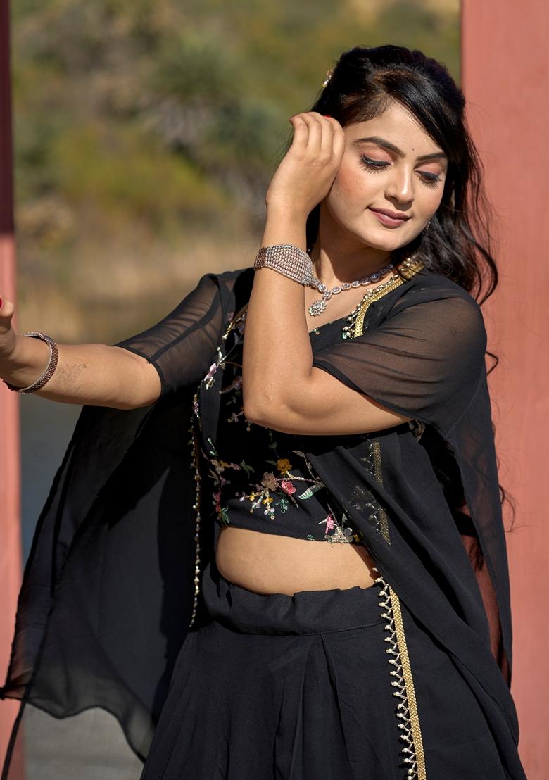 Black Embroidered Georgette Lehenga Set With Dupatta