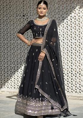 Black Embroidered Georgette Lehenga Set With Dupatta