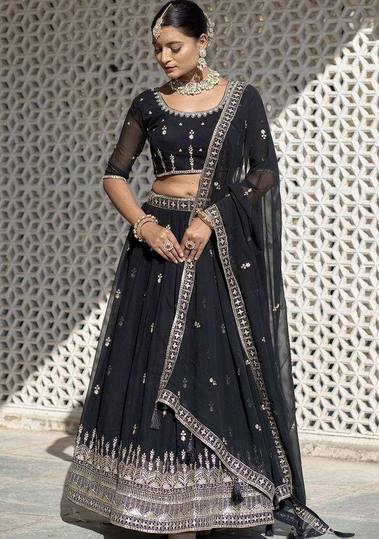 Black Embroidered Georgette Lehenga Set With Dupatta