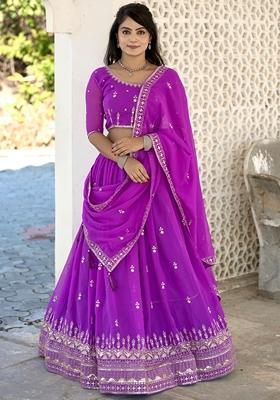 Purple Embroidered Georgette Lehenga Set With Dupatta