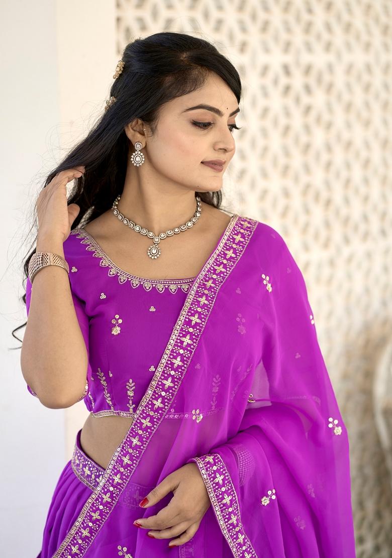 Purple Embroidered Georgette Lehenga Set With Dupatta