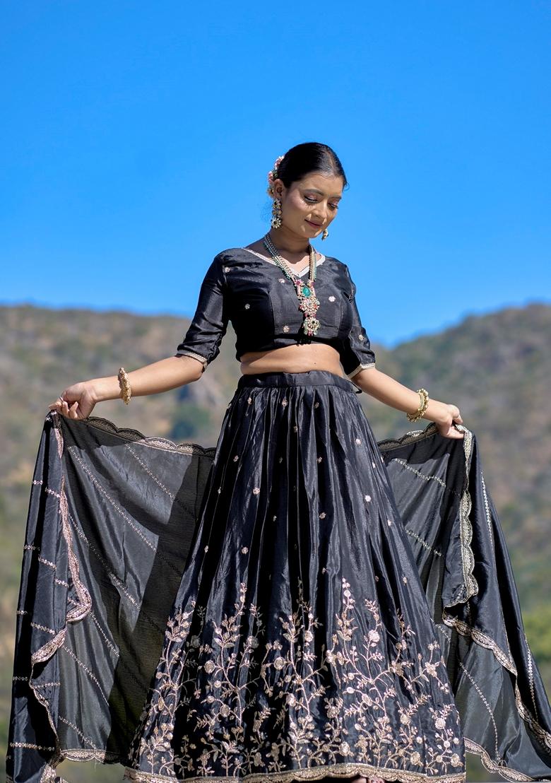 Black Embroidered Chinon Lehenga Set With Dupatta