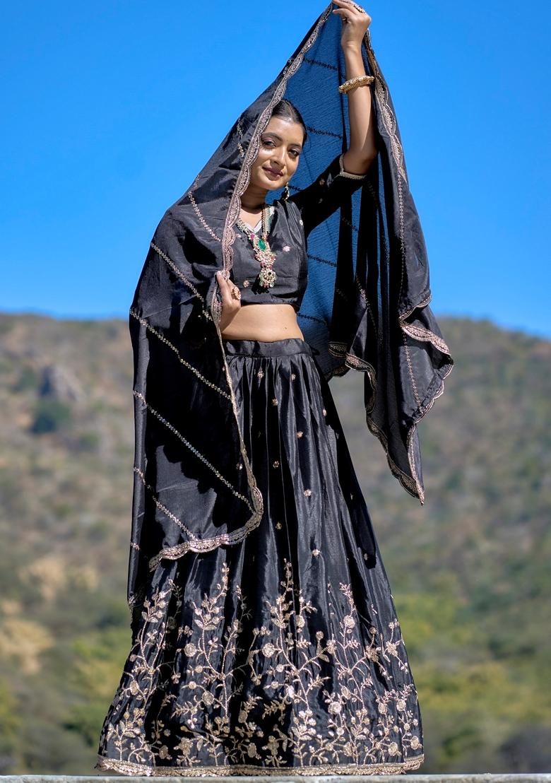 Black Embroidered Chinon Lehenga Set With Dupatta