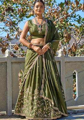 Mehendi Green Embroidered Chinon Lehenga Set With Dupatta