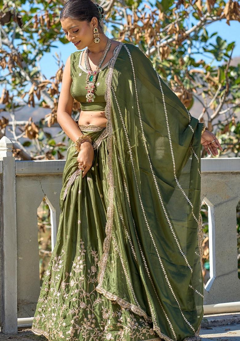 Mehendi Green Embroidered Chinon Lehenga Set With Dupatta