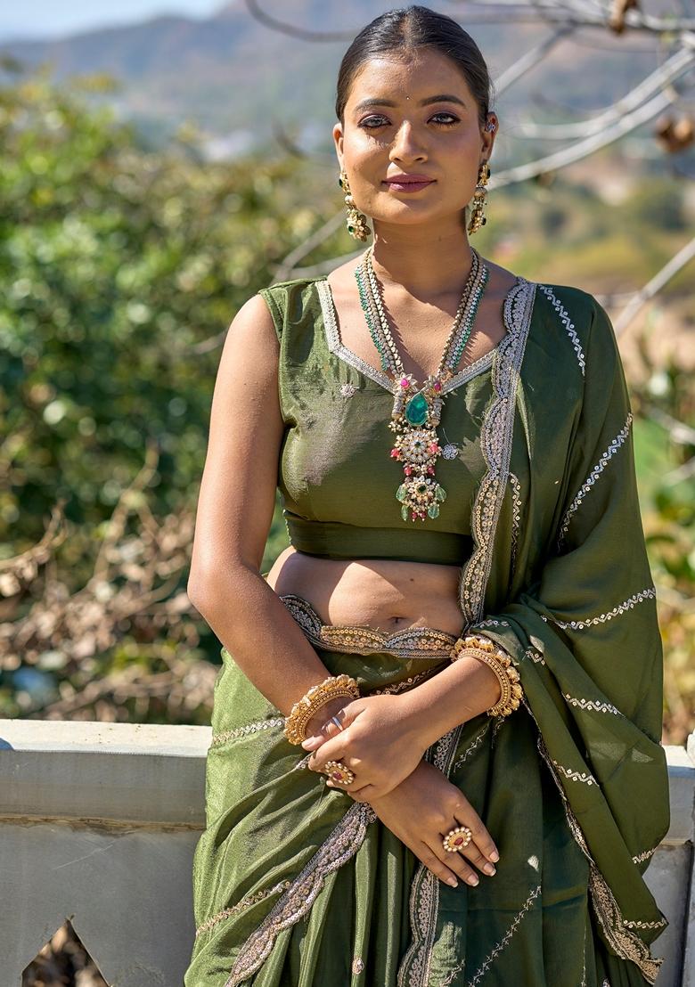 Mehendi Green Embroidered Chinon Lehenga Set With Dupatta