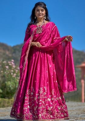 Rani Pink Embroidered Chinon Lehenga Set With Dupatta