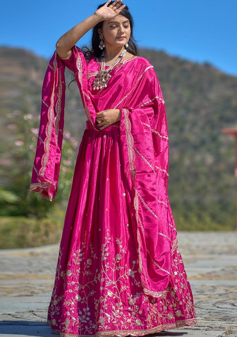Rani Pink Embroidered Chinon Lehenga Set With Dupatta