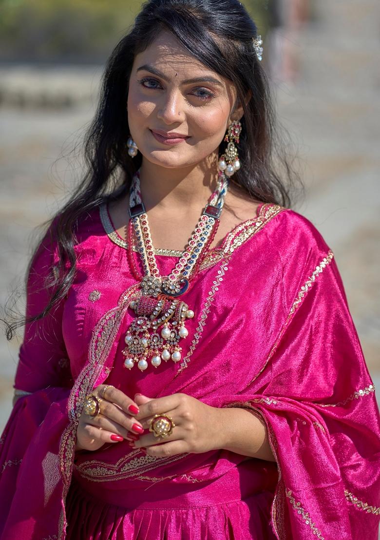 Rani Pink Embroidered Chinon Lehenga Set With Dupatta