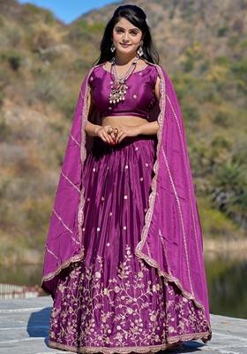Purple Embroidered Chinon Lehenga Set With Dupatta