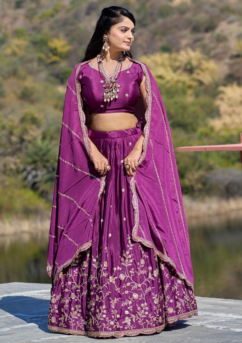 Purple Embroidered Chinon Lehenga Set With Dupatta