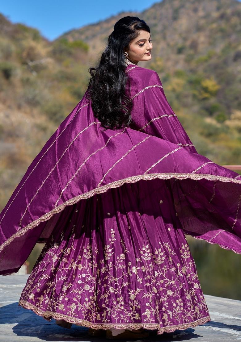 Purple Embroidered Chinon Lehenga Set With Dupatta