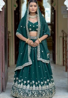 Green Embroidered Georgette Lehenga Set With Dupatta