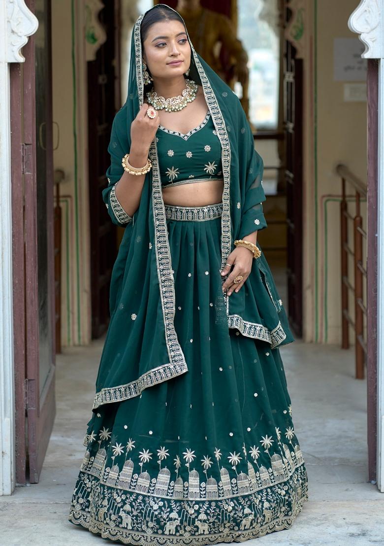 Green Embroidered Georgette Lehenga Set With Dupatta