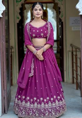 Purple Embroidered Georgette Lehenga Set With Dupatta