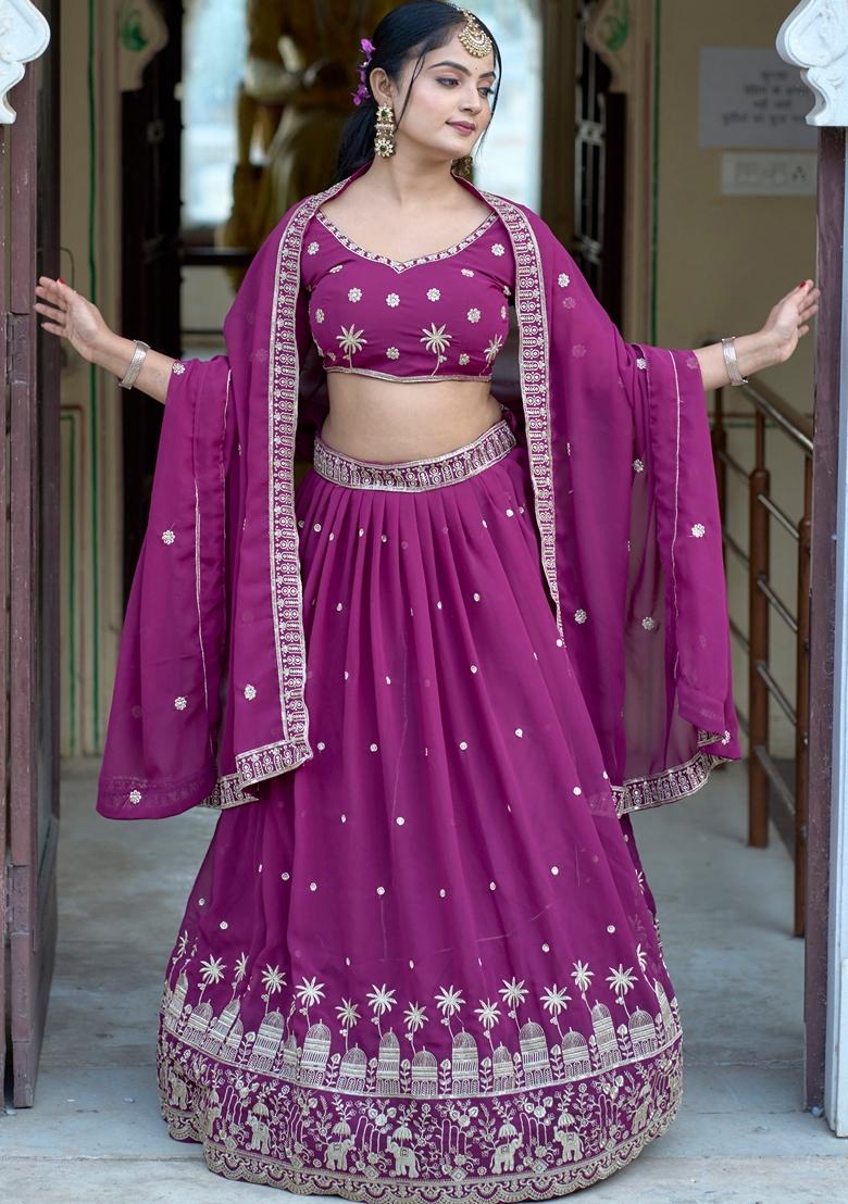 Purple Embroidered Georgette Lehenga Set With Dupatta