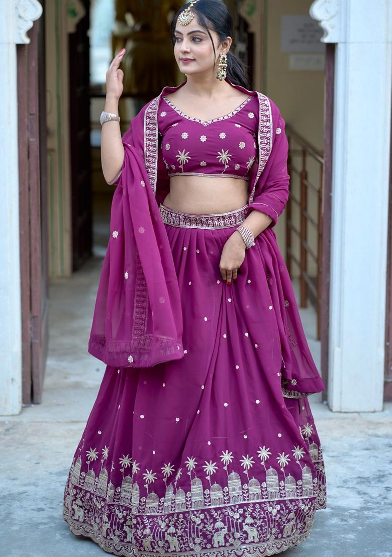 Purple Embroidered Georgette Lehenga Set With Dupatta