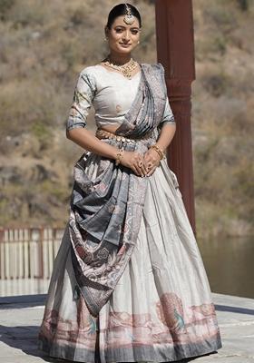 Grey Printed Silk Lehenga Set With Dupatta