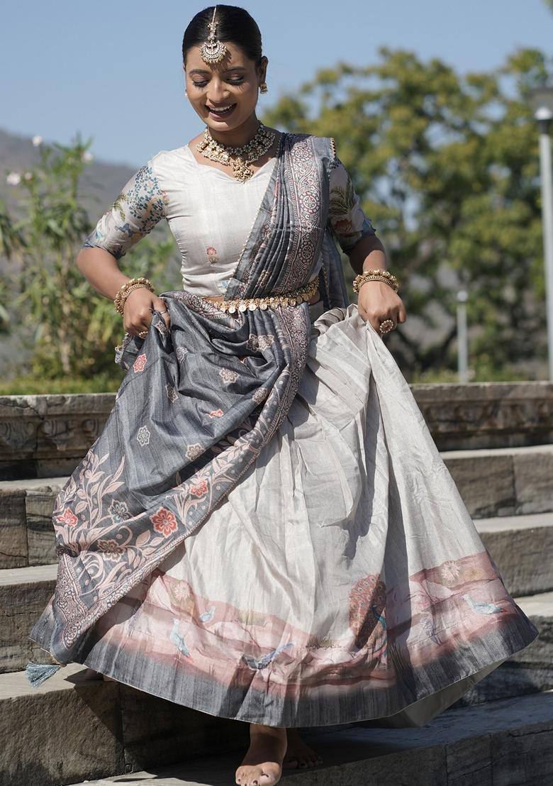 Grey Printed Silk Lehenga Set With Dupatta