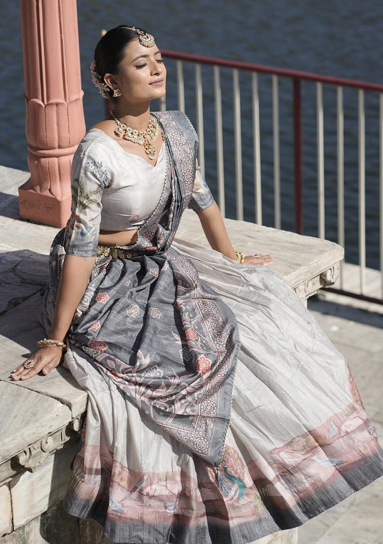 Grey Printed Silk Lehenga Set With Dupatta