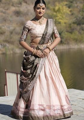Peach Printed Silk Lehenga Set With Dupatta