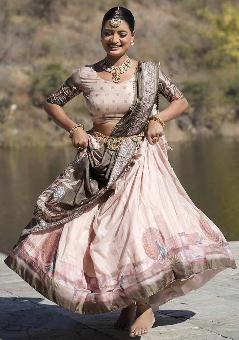 Peach Printed Silk Lehenga Set With Dupatta