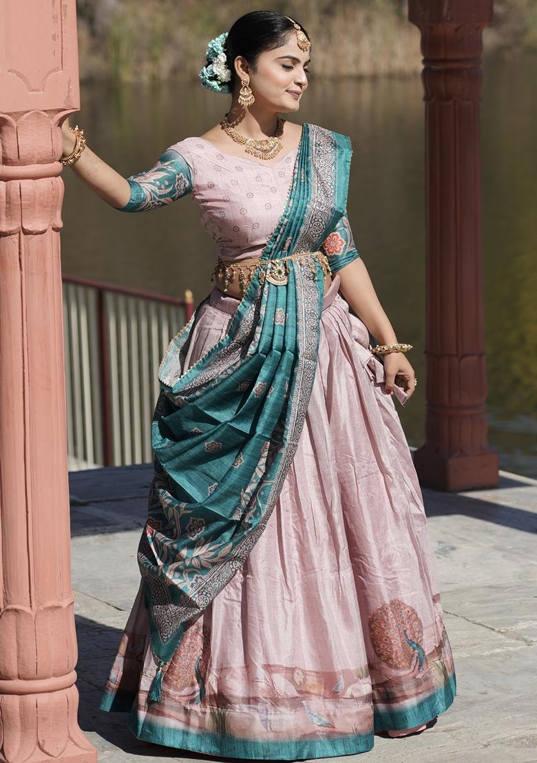 Pink Printed Silk Lehenga Set With Dupatta