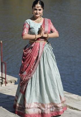 Sky Blue Printed Silk Lehenga Set With Dupatta