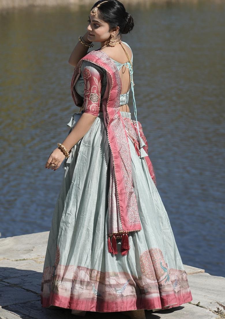 Sky Blue Printed Silk Lehenga Set With Dupatta