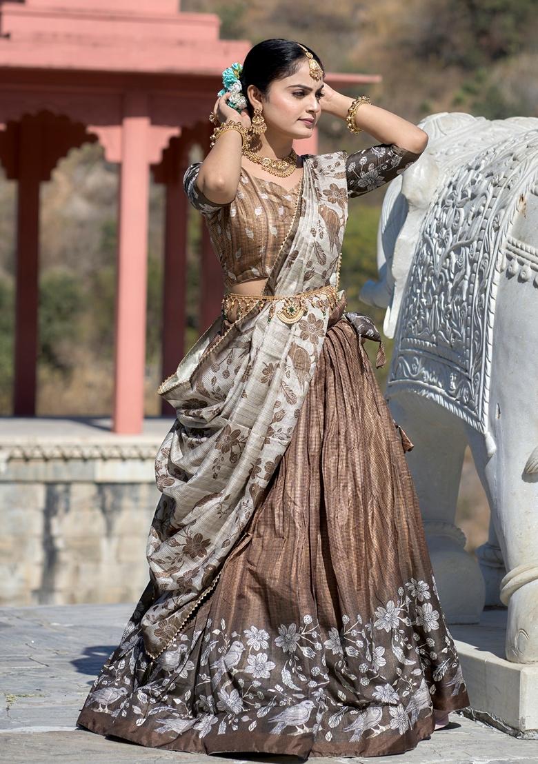 Brown Printed Silk Lehenga Set With Dupatta
