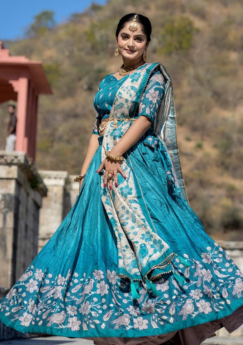 Turquoise Blue Printed Silk Lehenga Set With Dupatta
