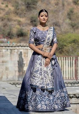 Grey Printed Silk Lehenga Set With Dupatta