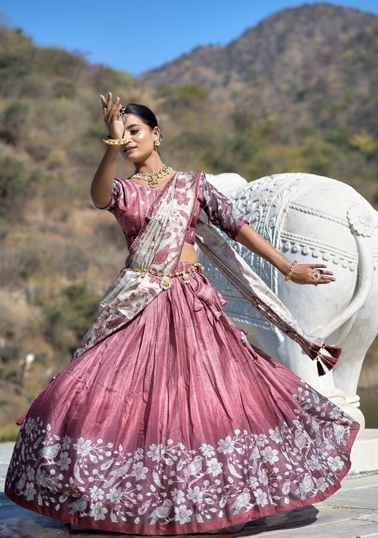 Pink Printed Silk Lehenga Set With Dupatta