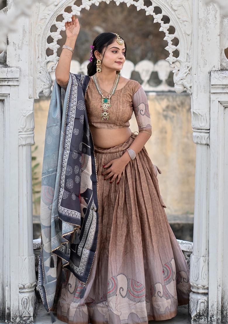 Brown Printed Silk Lehenga Set With Dupatta