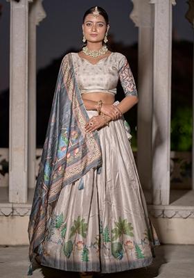 Beige Printed Silk Lehenga Set With Dupatta