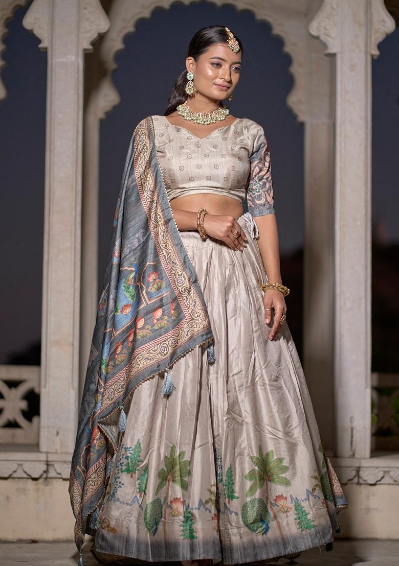 Beige Printed Silk Lehenga Set With Dupatta
