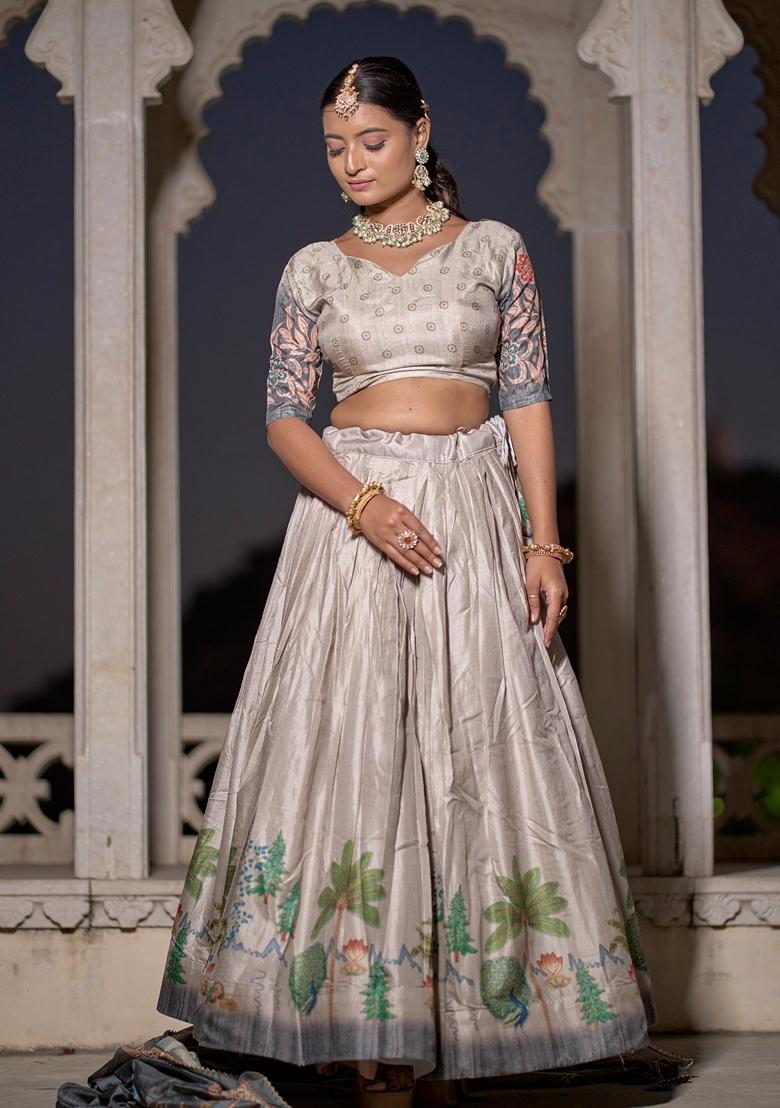 Beige Printed Silk Lehenga Set With Dupatta