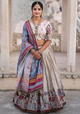 Beige Printed Silk Lehenga Set With Dupatta
