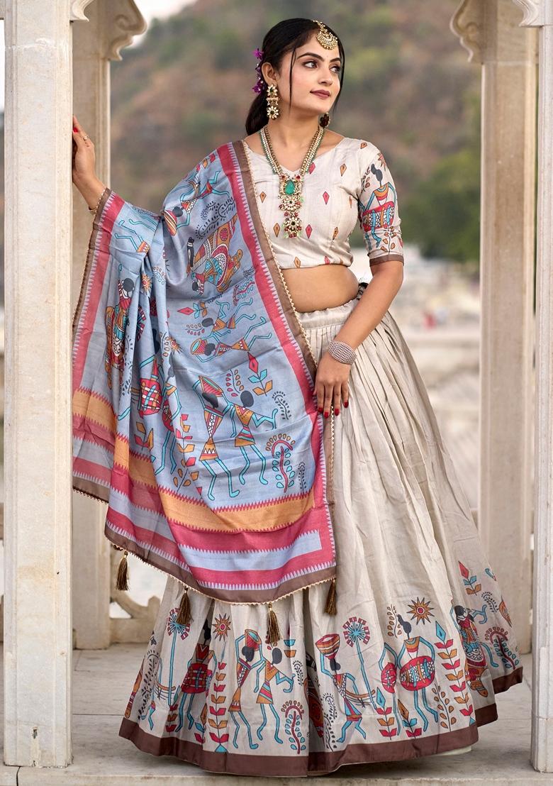 Beige Printed Silk Lehenga Set With Dupatta