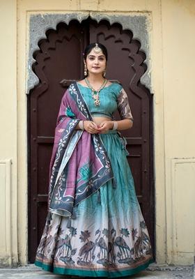 Rama Green Printed Silk Lehenga Set With Dupatta