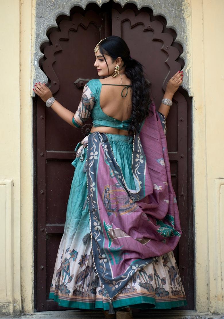 Rama Green Printed Silk Lehenga Set With Dupatta